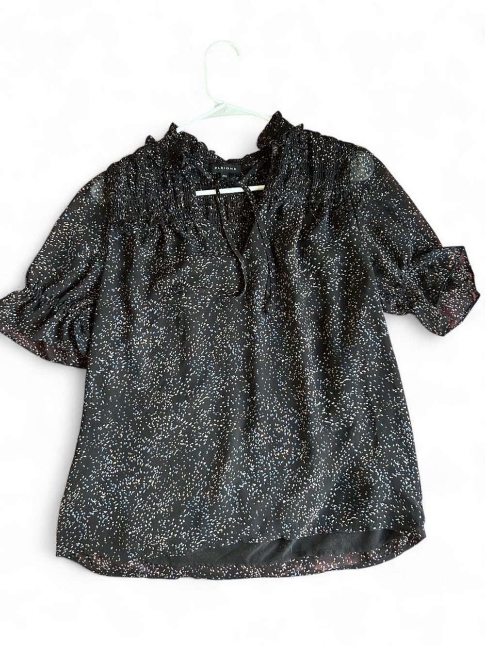 Pleione Black Speckled Ruffle-Neck Short Sleeve Blouse